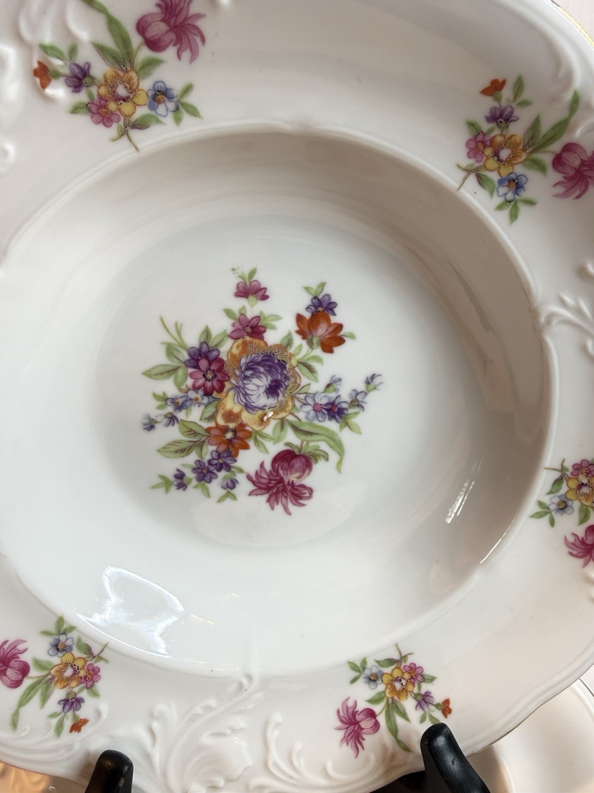 Set of 6 Walbrzych Poland Floral Gold Rim Porcelain Soup Bowls 8.5” Vintage