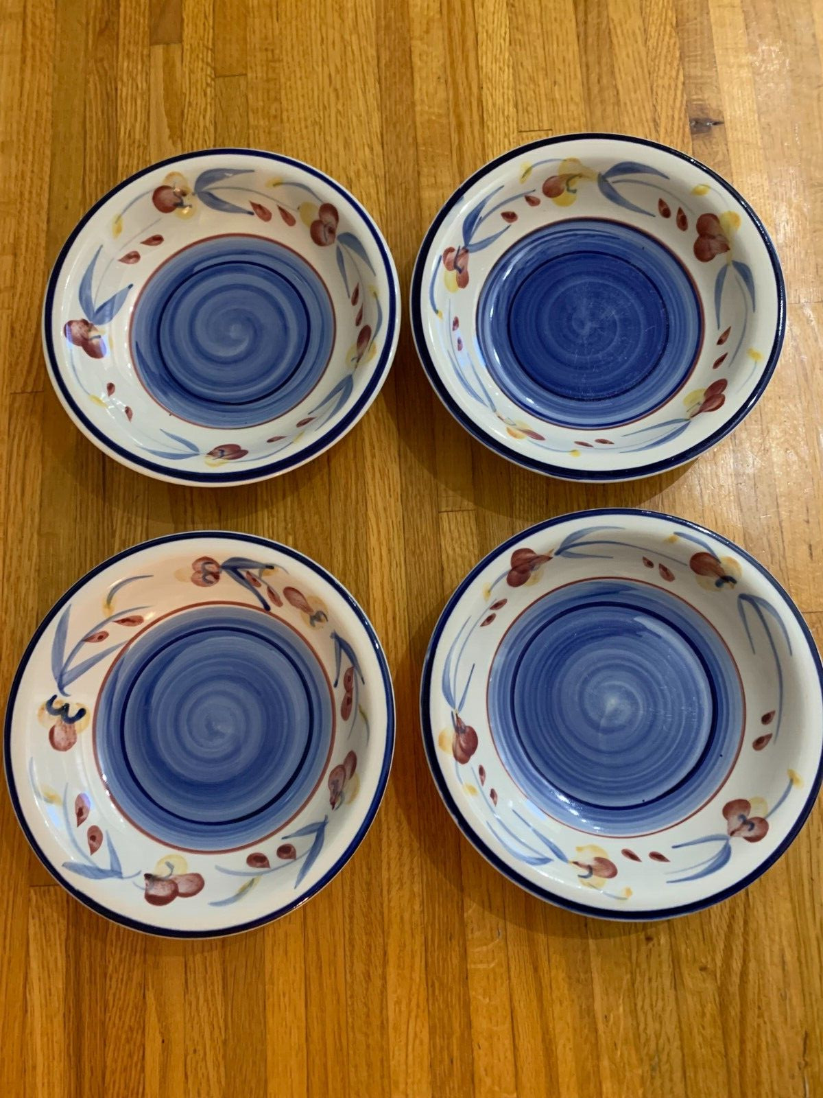 Bowls 4 China Stoneware 8.25″ Round Dinner Bowls Blue Swirl Fruit and Leaves MCM