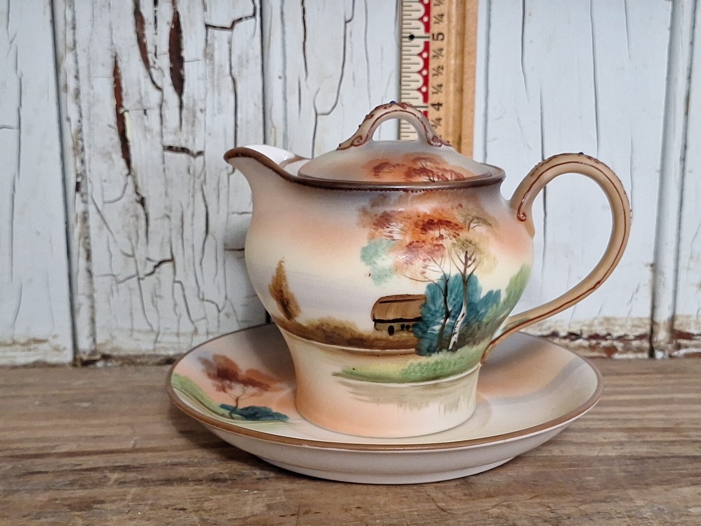 Antique Morimura Nippon Hand Painted Porcelain Creamer with lid, Saucer Moriage