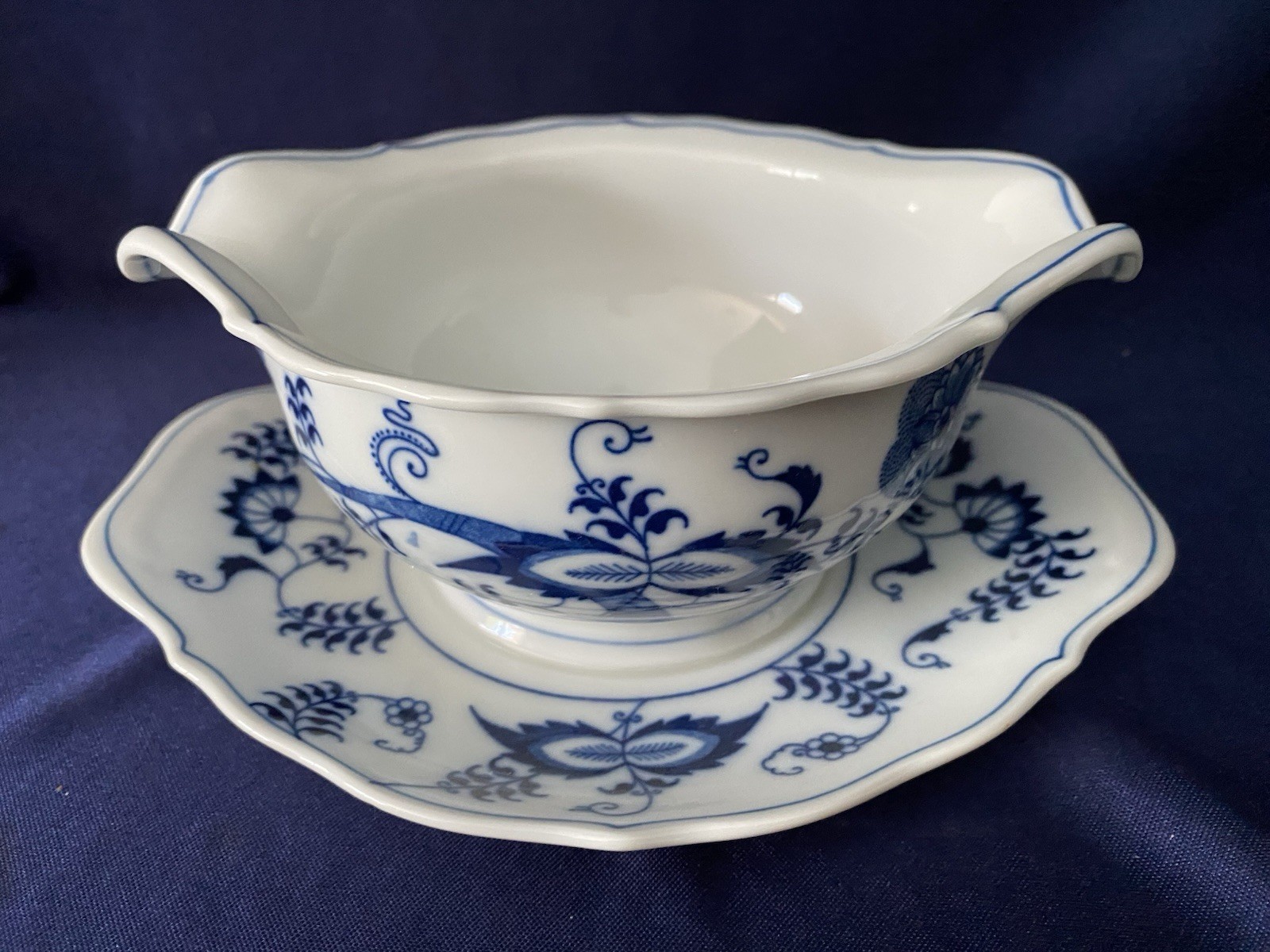 BLUE DANUBE Two Spout Gravy/Sauce Boat Attached Underplate Banner Stamp EUC