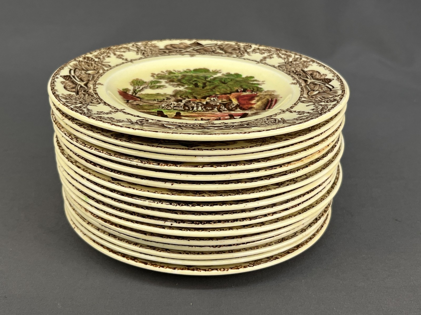 16 Arthur J Wilkinson RURAL SCENES Brown Multicolor Transfer 6 1/2″ Bread Plates