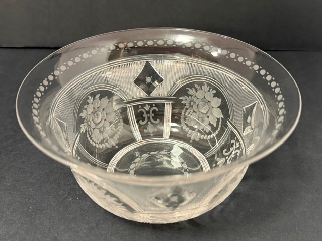 Sinclaire Silver Threads pattern finger bowl & underplate. signed. Am. Cut glass