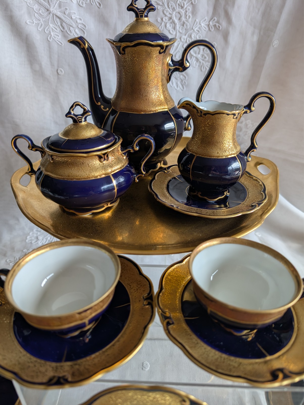 VINTAGE GRAF VON HENNEBERG PORZELLAN ILMENAU GERMANY ECHT KOBALT COFFEE SET 15pc