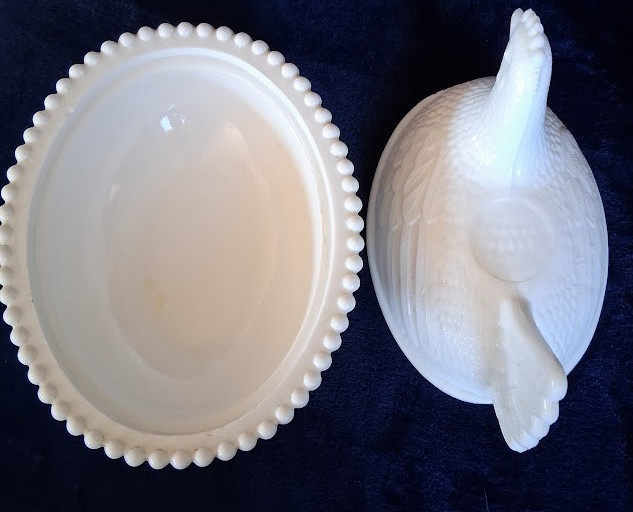 Indiana White Milk Glass Hen On Nest With Slotted Beading On Base