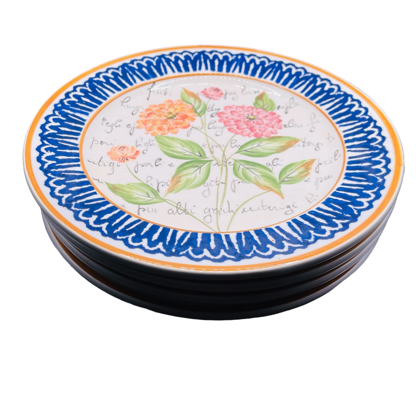 Vintage VEITRI ITALY 4 Wall Plates 9.5in Flowers & Script Blue Trim Handpainted