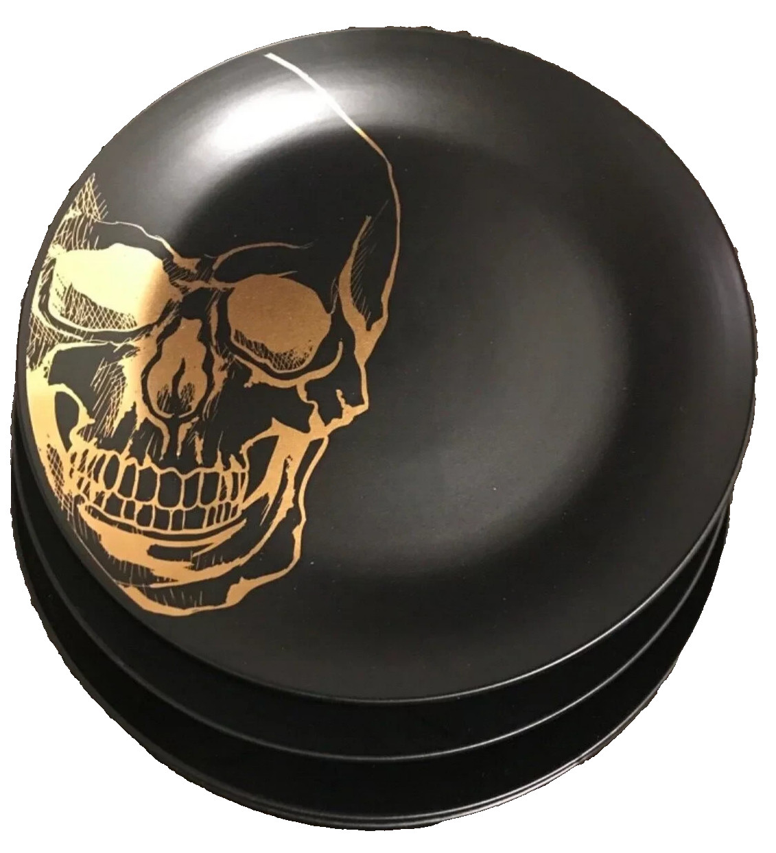 Ciroa Halloween Wicked Skull Gold Black Matte Porcelain Dinner Plates 4 Set