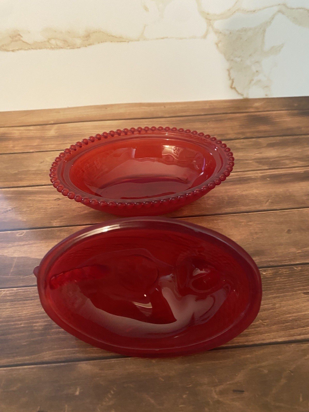 Red Glass Chicken Hen Covered Dish w/ Lid, Matte Finish, Round, 2pc Set