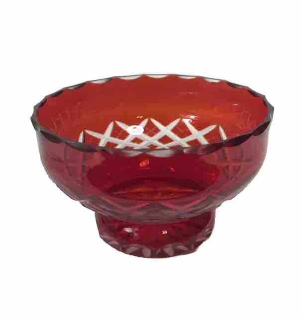 Ruby Red Cut To Clear Glass Footed Bowl Vase Decor 5.25 In Wide Vintage E25