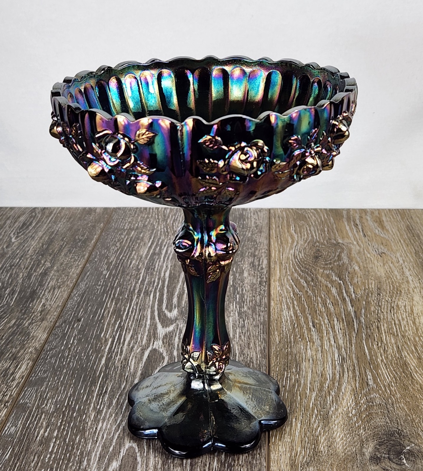 Fenton Purple Amethyst Carnival Glass Cabbage Rose Pedestal Compote Dish 7.75″