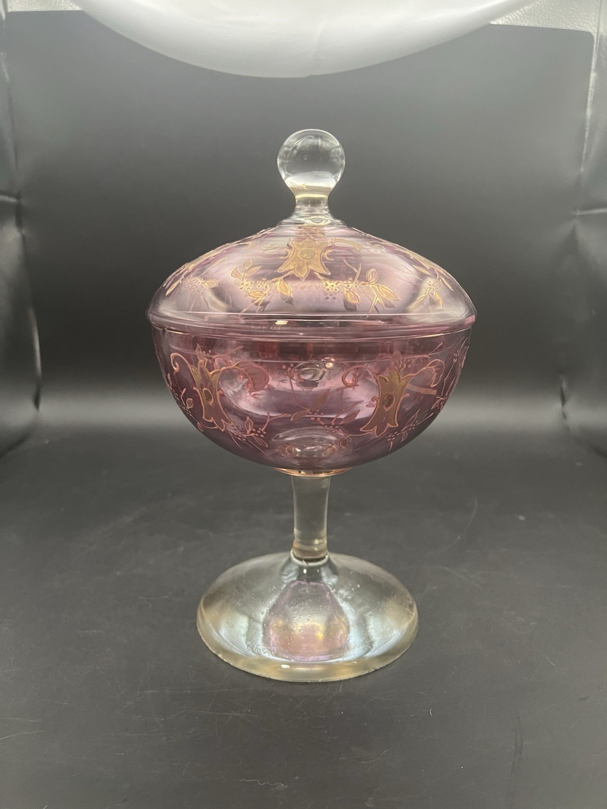 Cranberry Glass Candy Dish Bohemian Czech Lidded Pedestal Gold Details Vintage