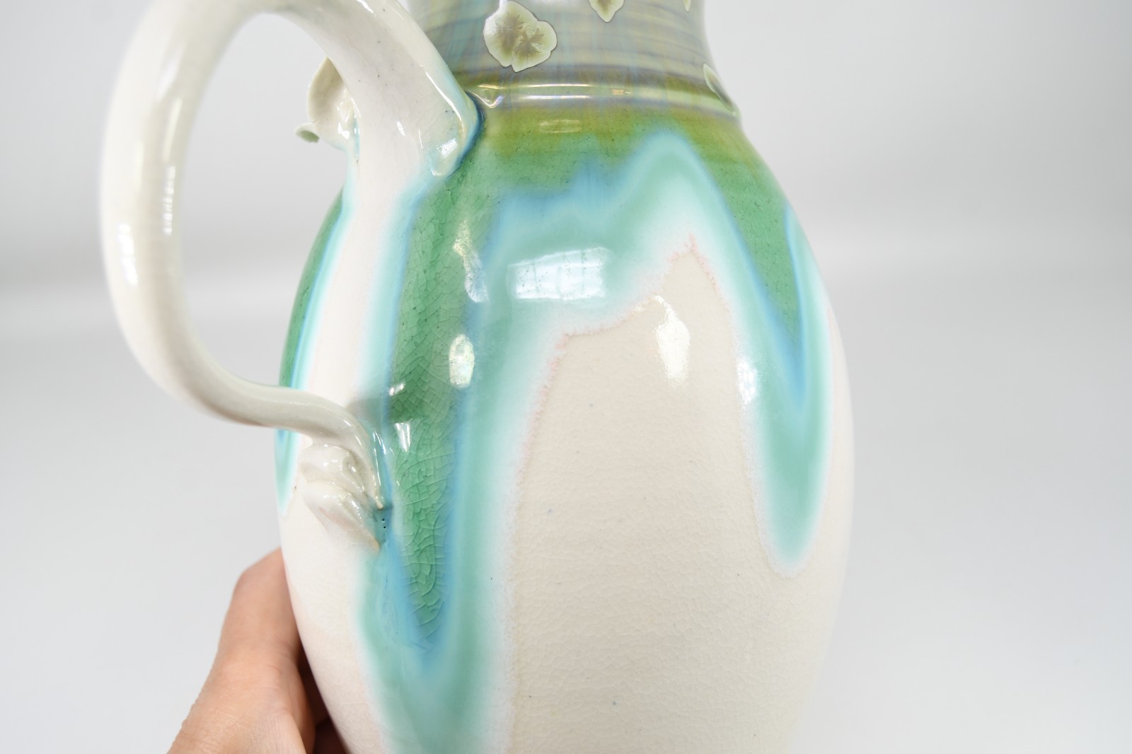 VTG Studio Art Pottery Pitcher Applied Flower Drip Flow Crystalline Glaze Signed
