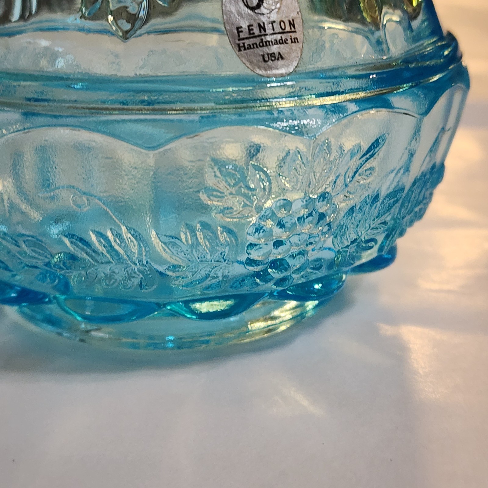 Fenton Blue Aqua Glass Paneled Puff Box Candy Dish Jelly Compote Grape Vines