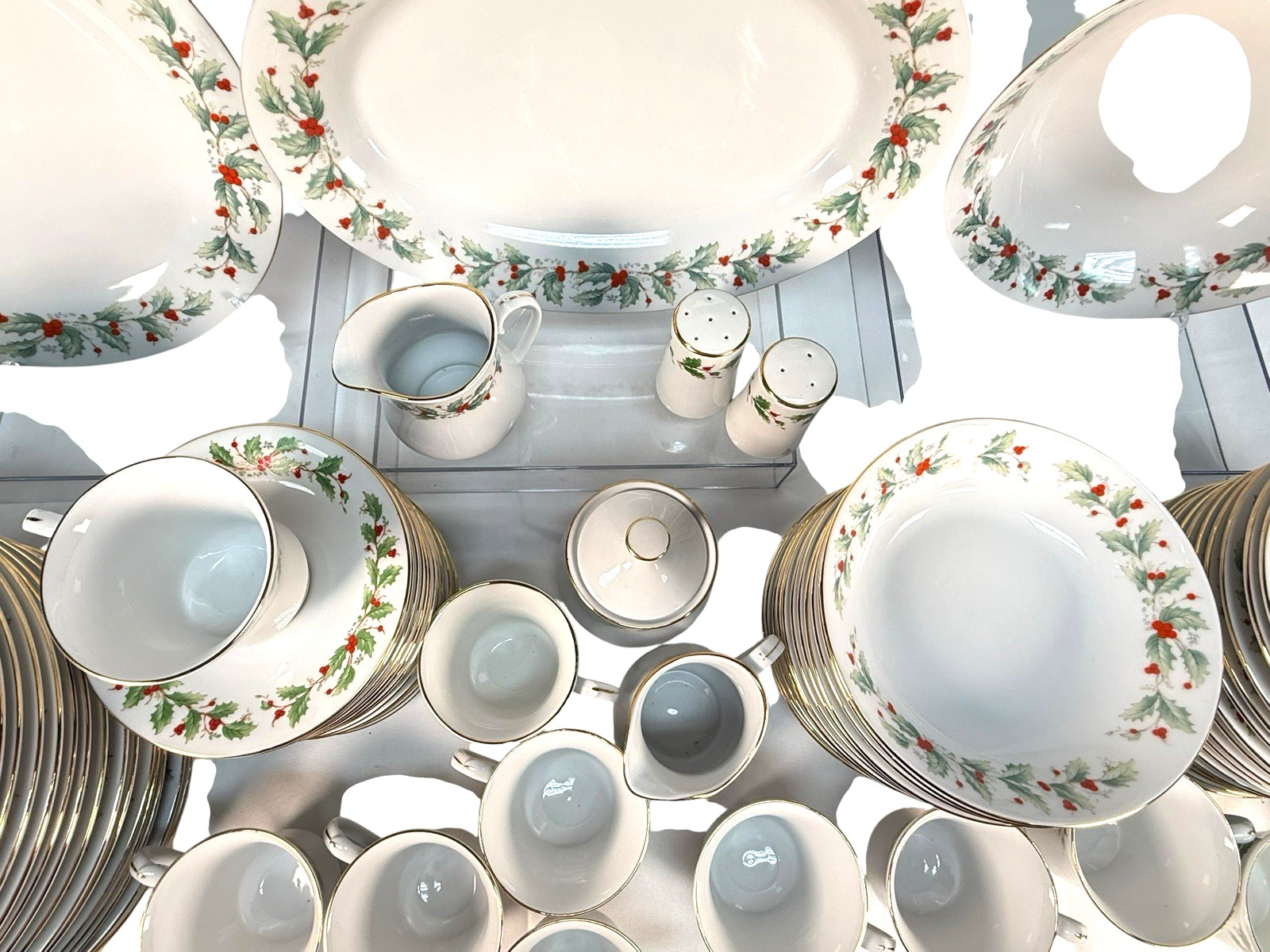 82pc China Pearl NOEL Christmas Dinnerware Set Service for 16 Muted Black Stamp