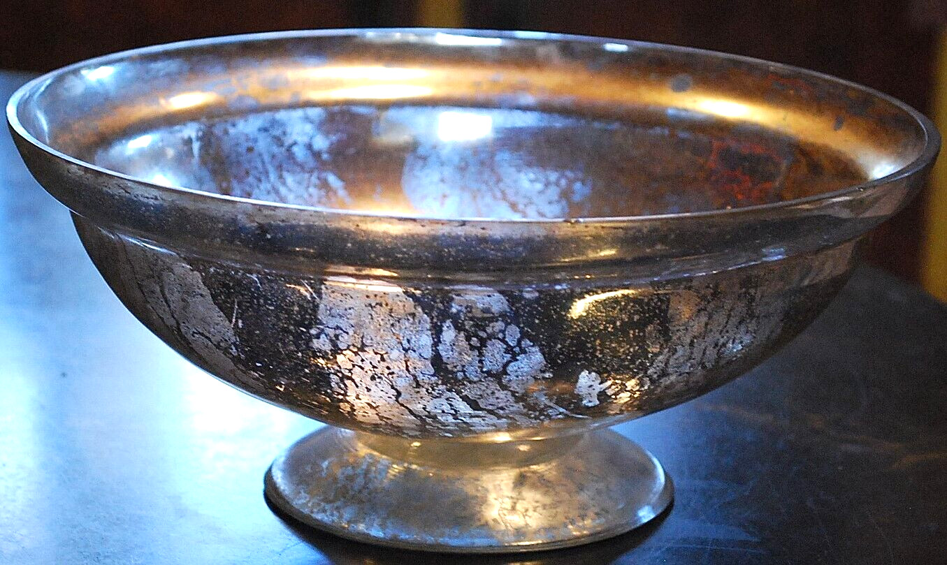 Antique Victorian SILVERED MERCURY GLASS BOWL Pedestal Base HAND BLOWN 9.25″