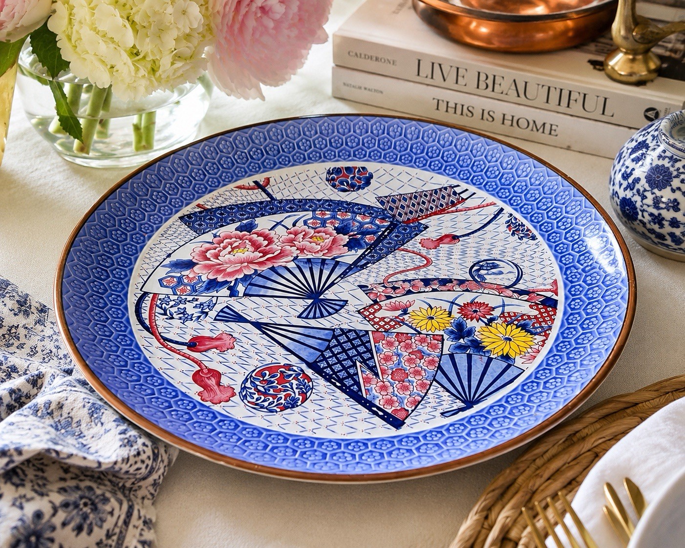 Blue & White Floral Fan Decorative Plate 14” Round Glossy Ceramic
