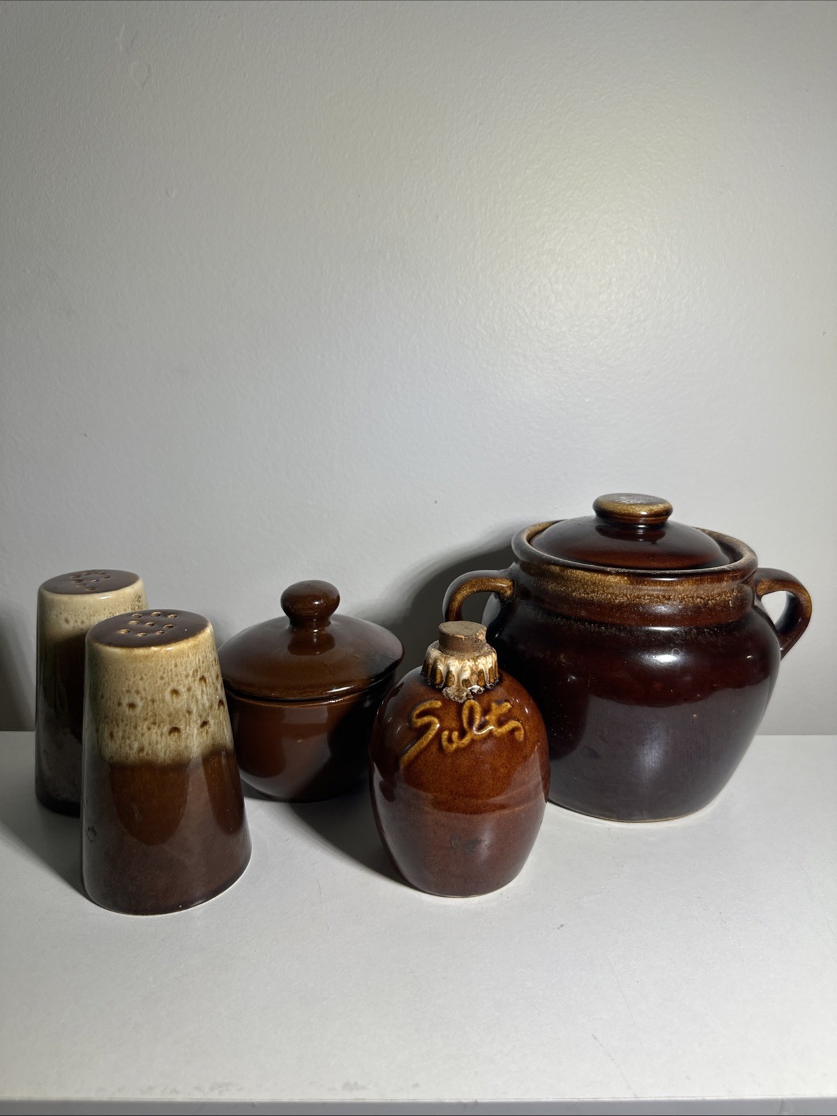 Vintage Brown Drip Glaze Pottery Set Of 5 USA Oven Proof