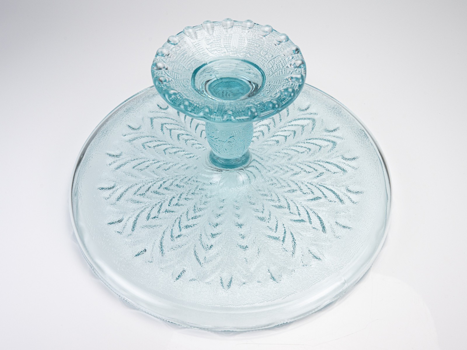 Vintage 1950s Jeannette Ice Blue Glass Feather Harp Pedestal Cake Plate Stand