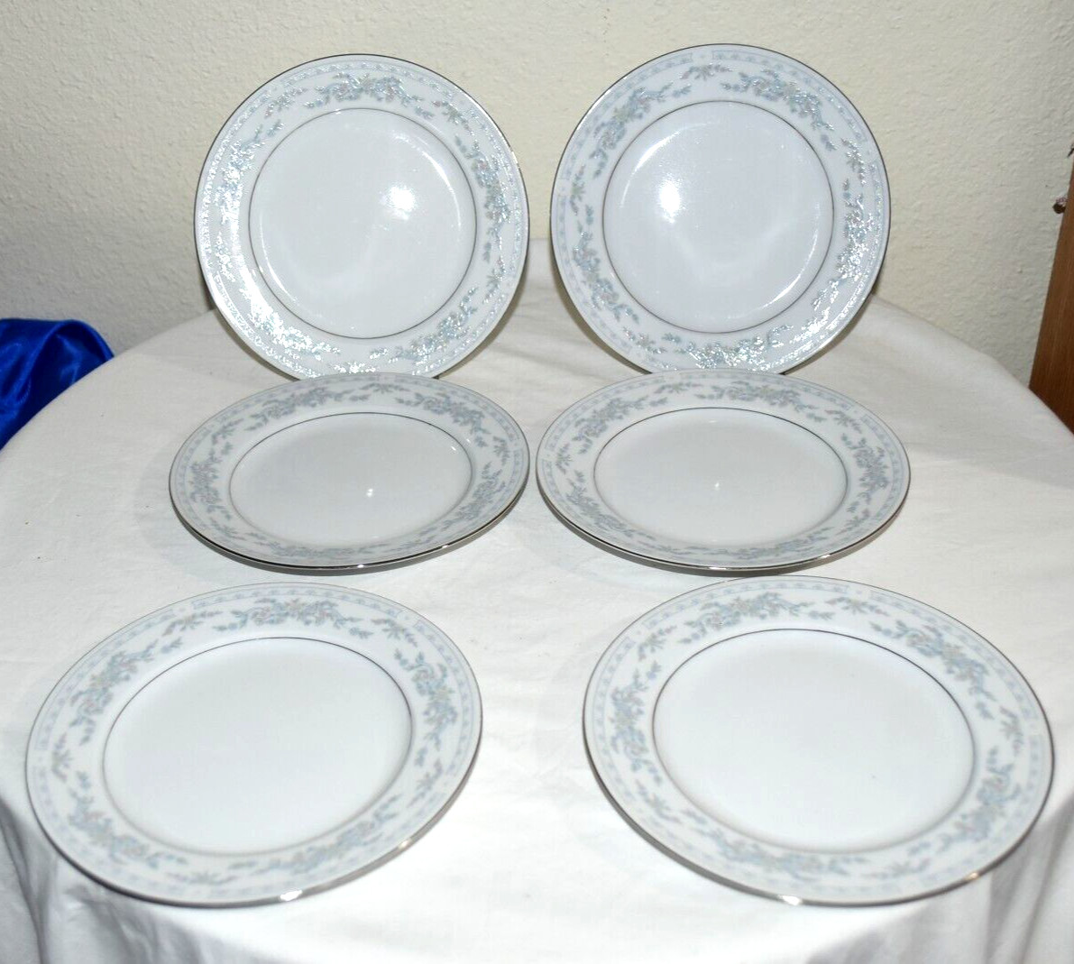 6 Somerset NL Excel China white blue floral Platinum rim 7″ Bread Plates EUC