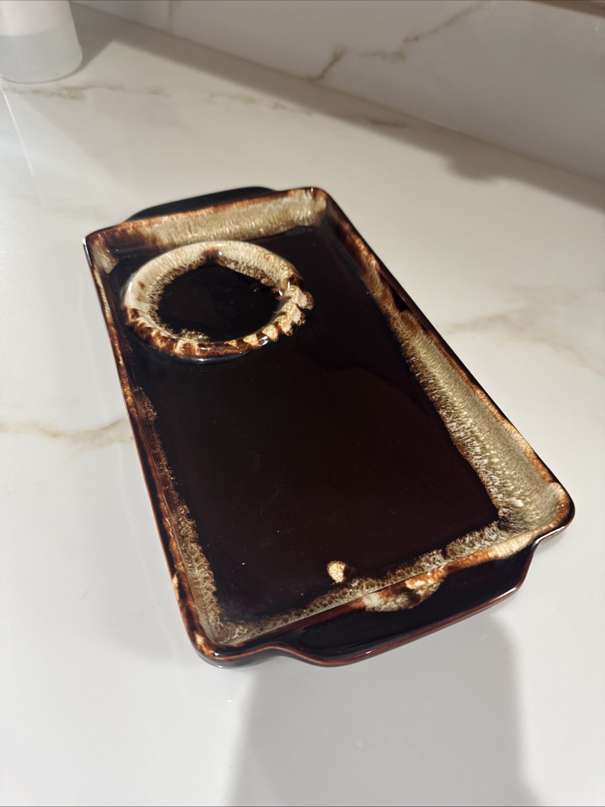 Vintage Pfaltzgraff Gourmet Brown Drip Stoneware Snack Tray / Platter #396 USA