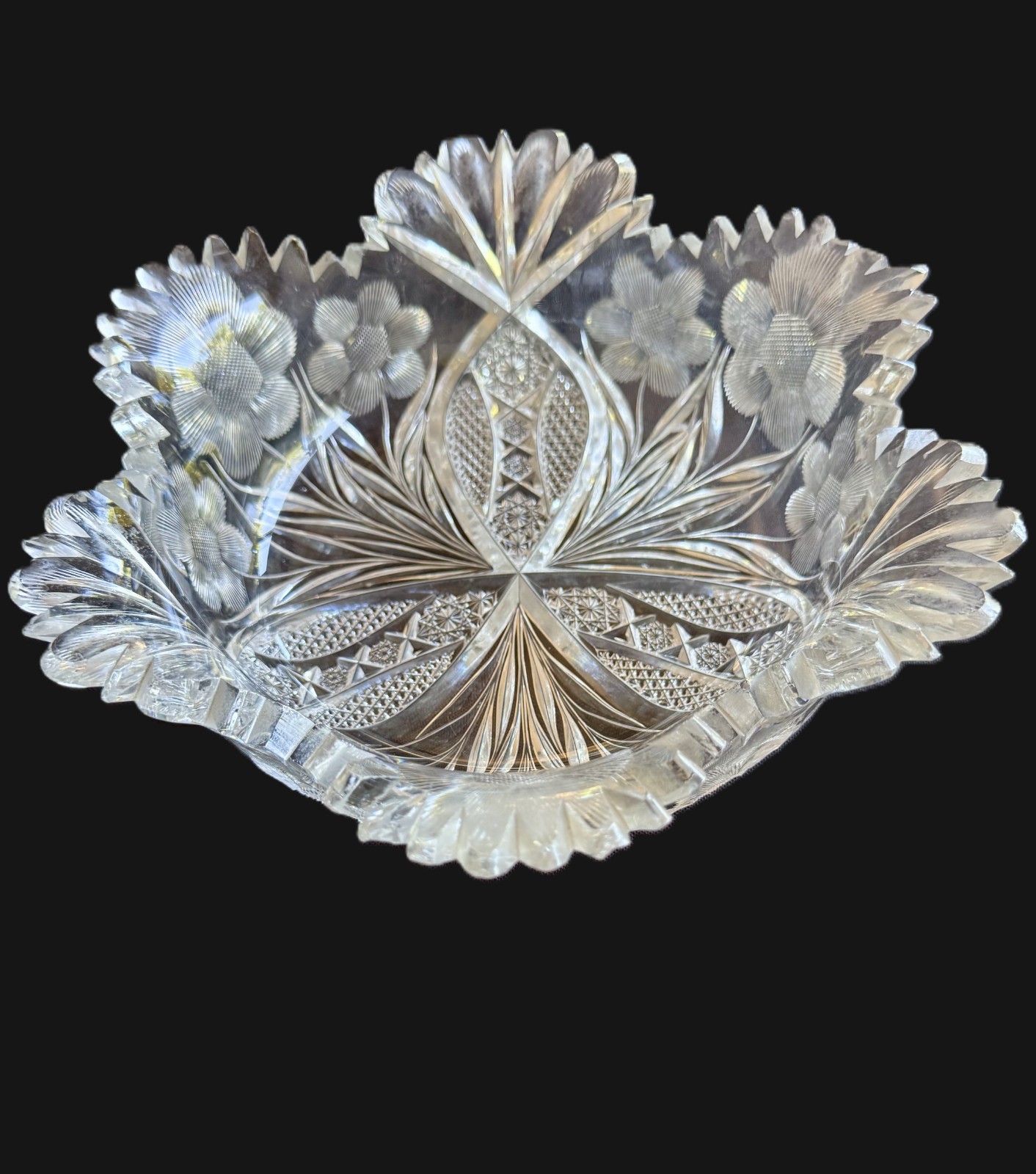 American Brilliant Period ABP Cut Glass Bowl Floral Intaglio Sawtooth 10″