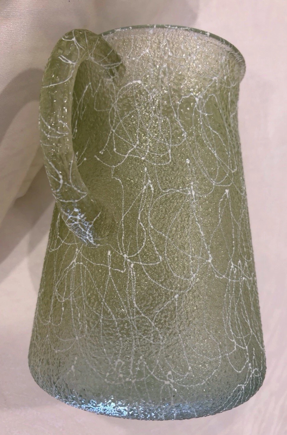 Green “Spaghetti “Glass Pitcher 1950S Spiral Art Pattern 9 In, 64 Oz. ￼