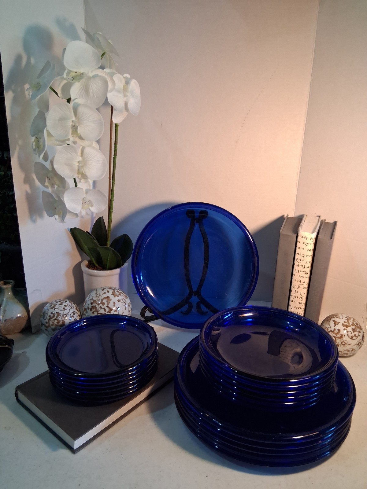Vintage Arcoroc France Cocoon Cobalt Blue Glass Dinner Plates Set of 6 MCM
