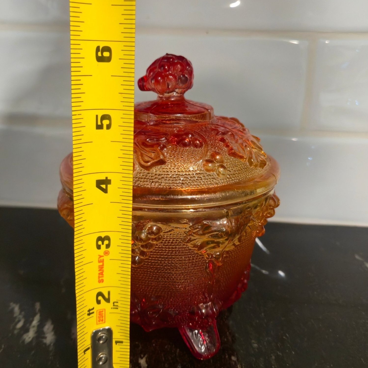 VTG Jeannette Harvest Grapes Amber Red Carnival Glass Footed Covered Candy Dish