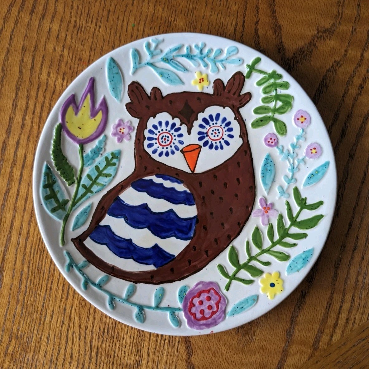 Hand-Painted Owl & Floral Art Pottery Ceramic Plate 8in Round Glossy