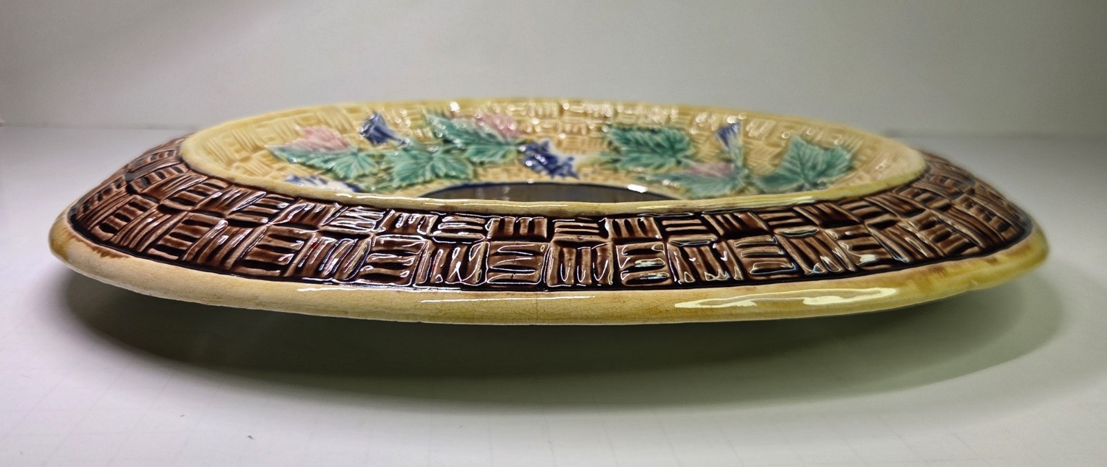 Antique Oval Majolica Basket Weave Footed Platter Floral Bread Bowl Cobalt 12¾”