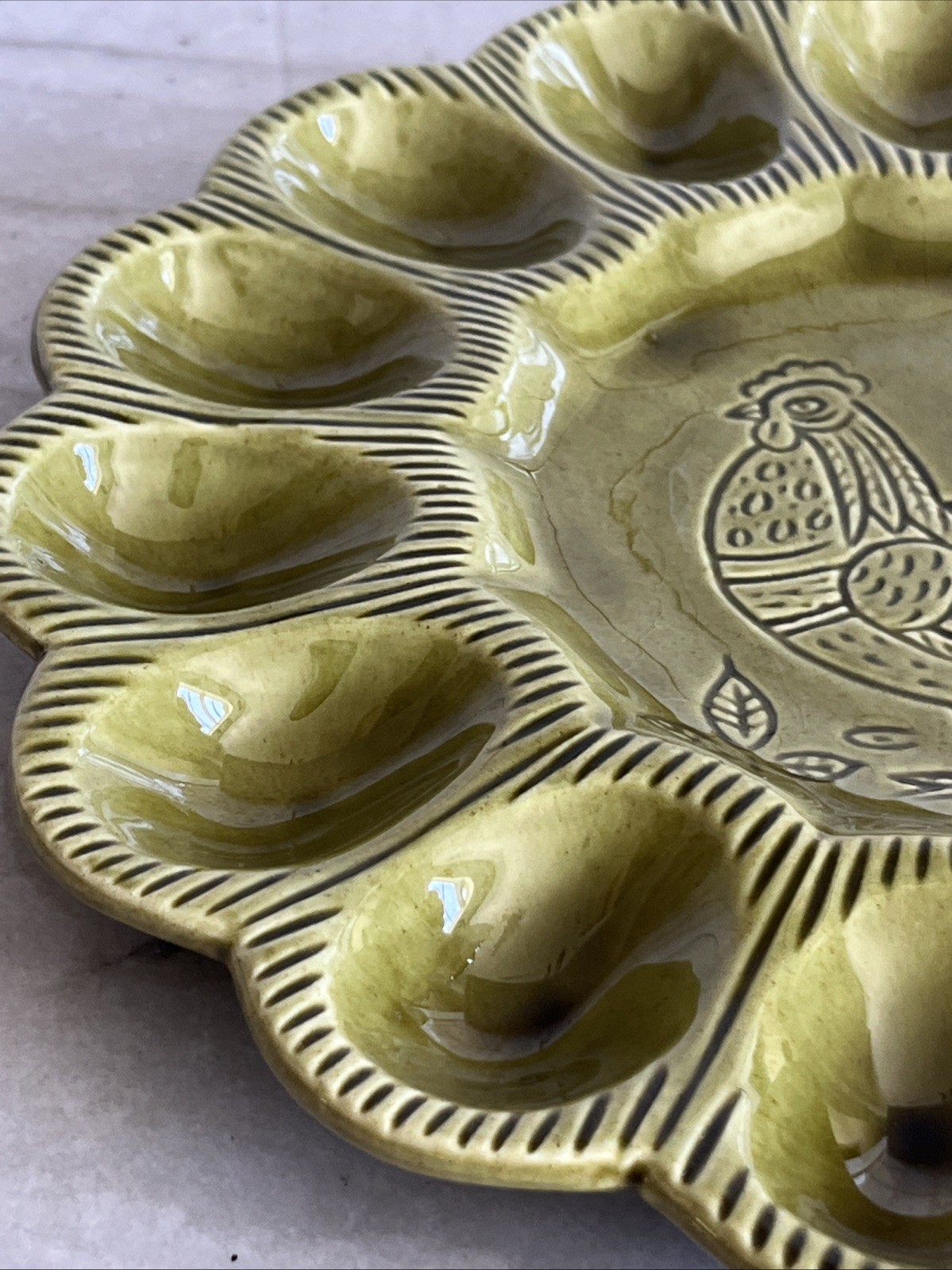 Vtg. California Pottery Deviled Egg Platter Olive Green Hen Chicken S29 USA