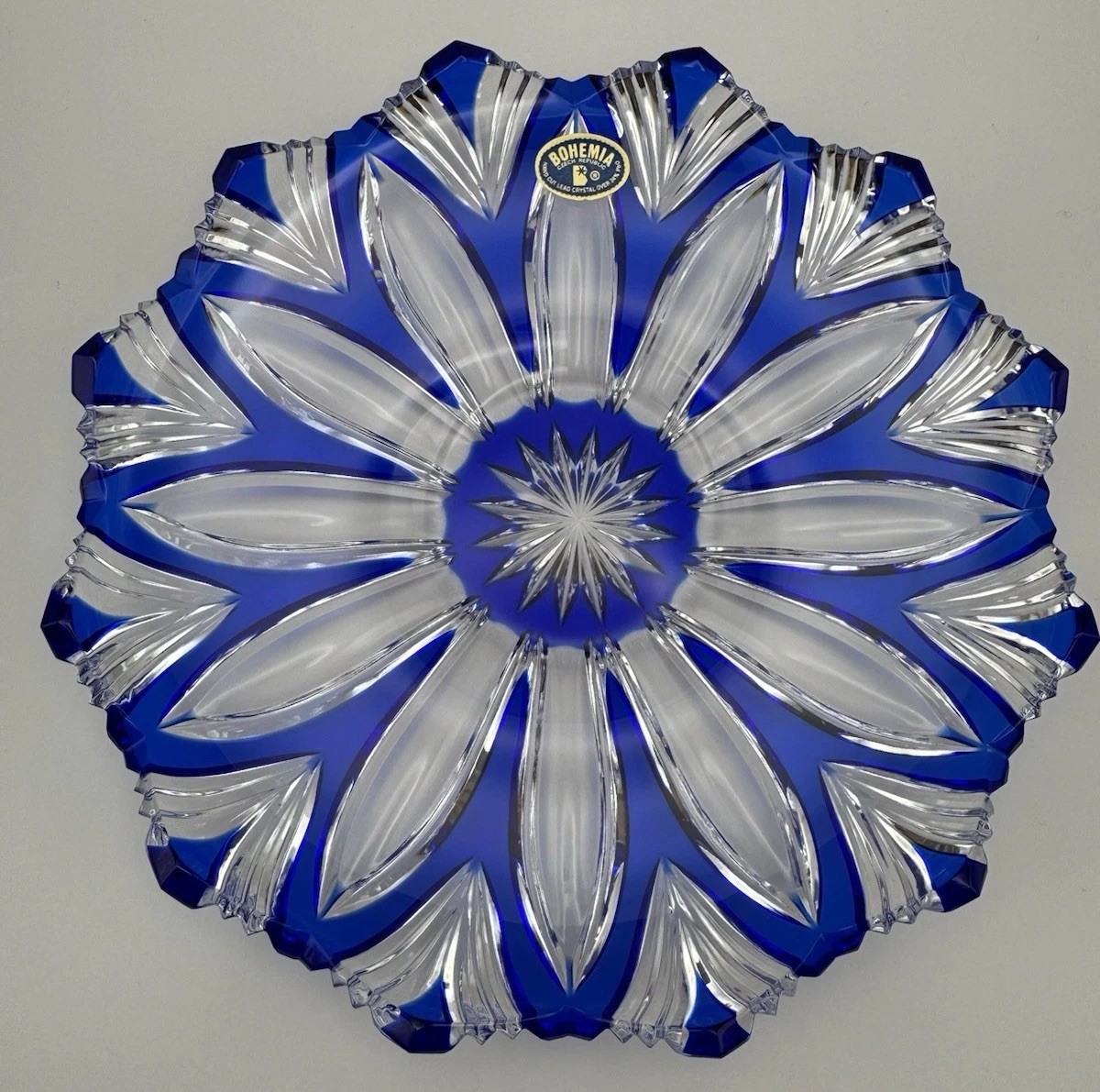 Bohemia Czech Cobalt Blue Cut to Clear Crystal Plate Charger Starburst