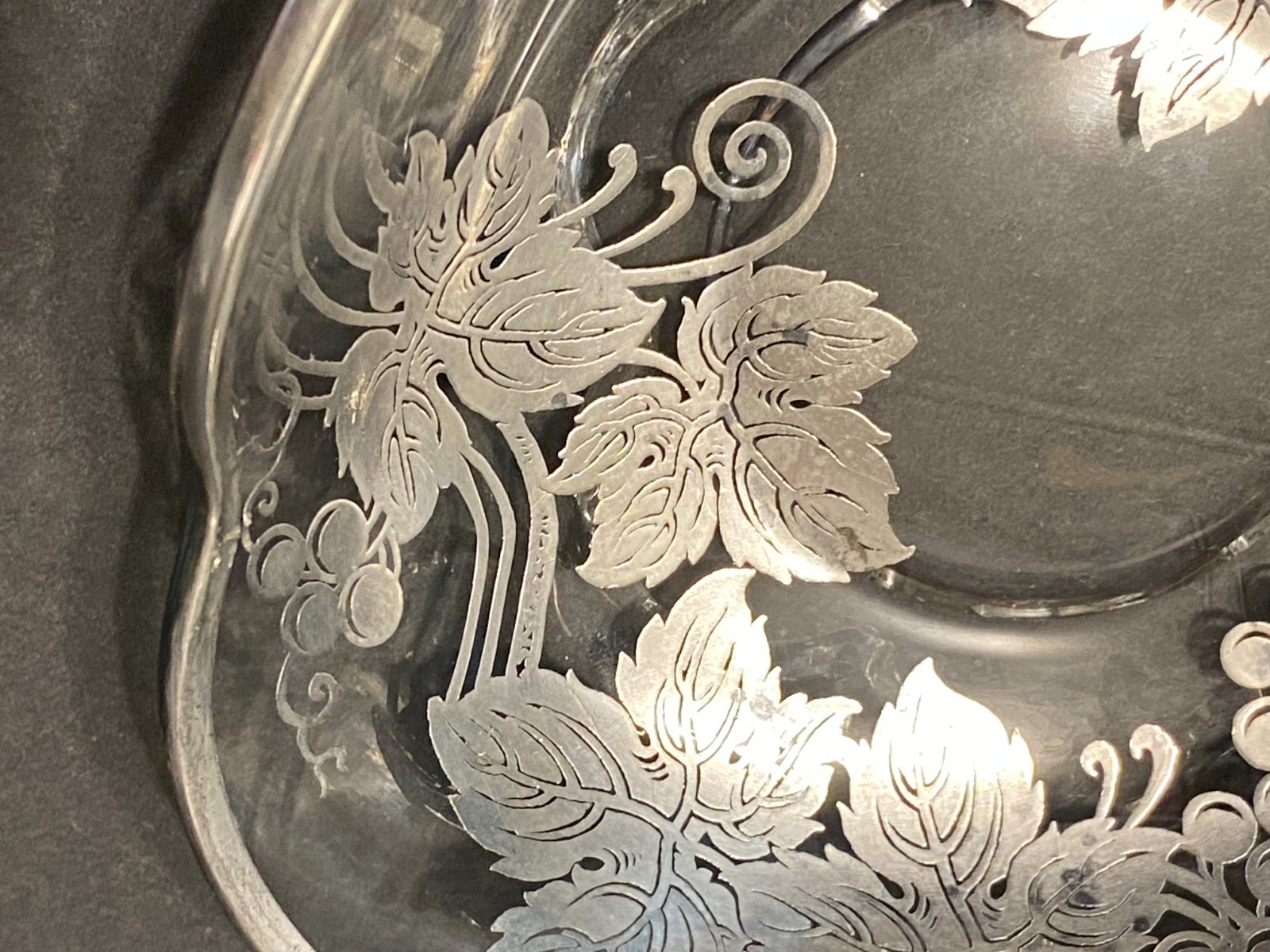 Vintage Silver Overlay Glass Candy Nut Dish Grape Vines Leaves Grapes