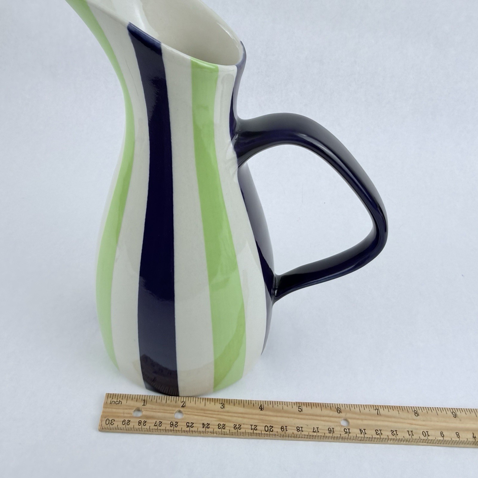 Vintage Jonathan Adler Ceramic Pitcher Pot Porter Green Blue White Stripes 9.5”