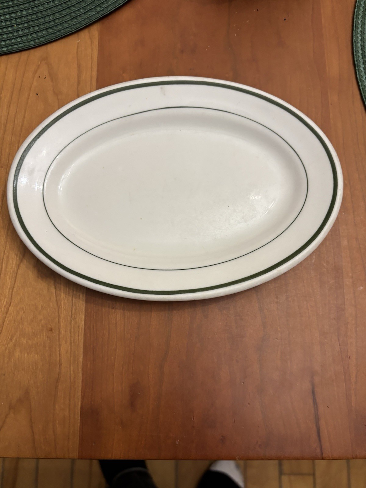Victory China Oval Ceramic Platter White with Green Trim 8in Printed Backstamp
