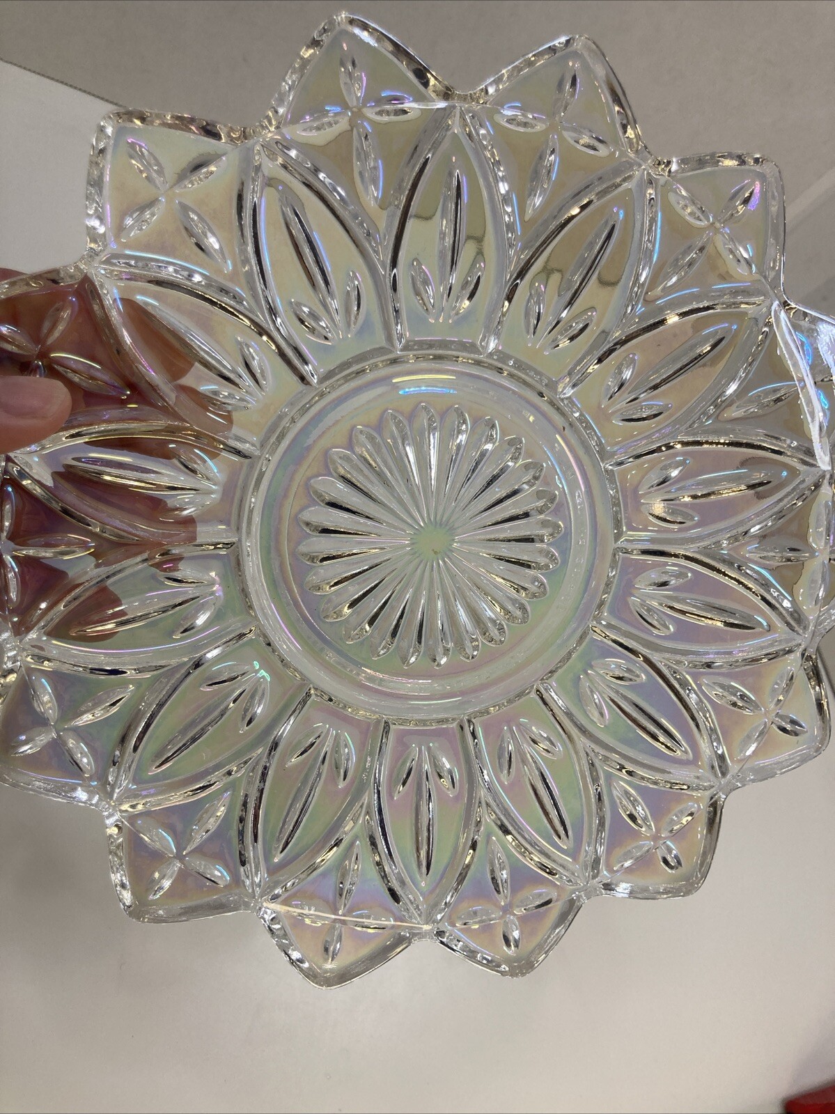Vtg 1960s Star Flower Petal Federal Clear Iridescent Carnival Glass Plate 9.25″