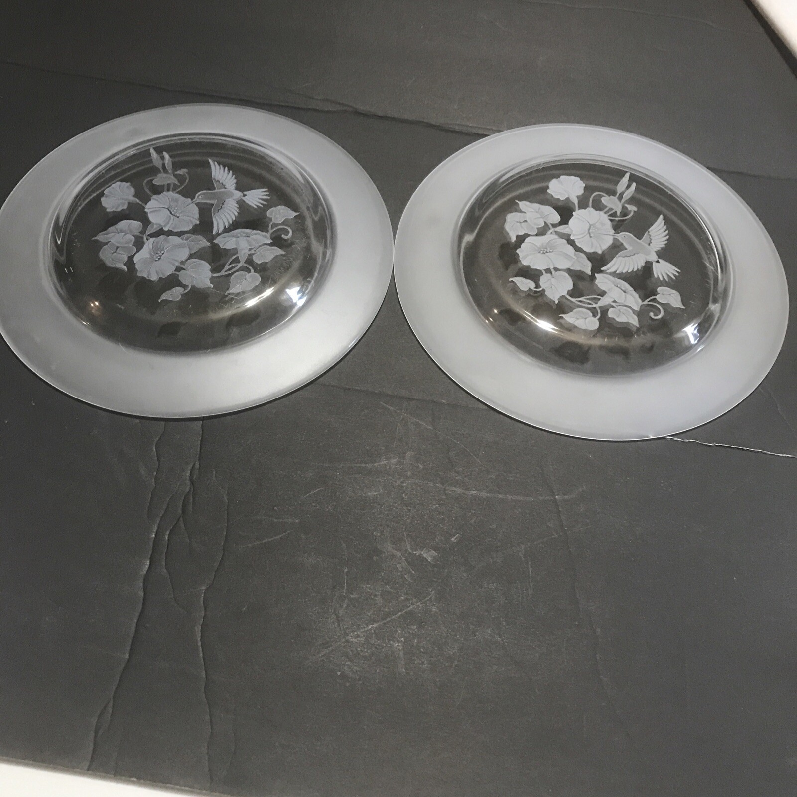 2 Crystal Hummingbird Frosted 7 7/8” Luncheon Salad Plates Glass Avon