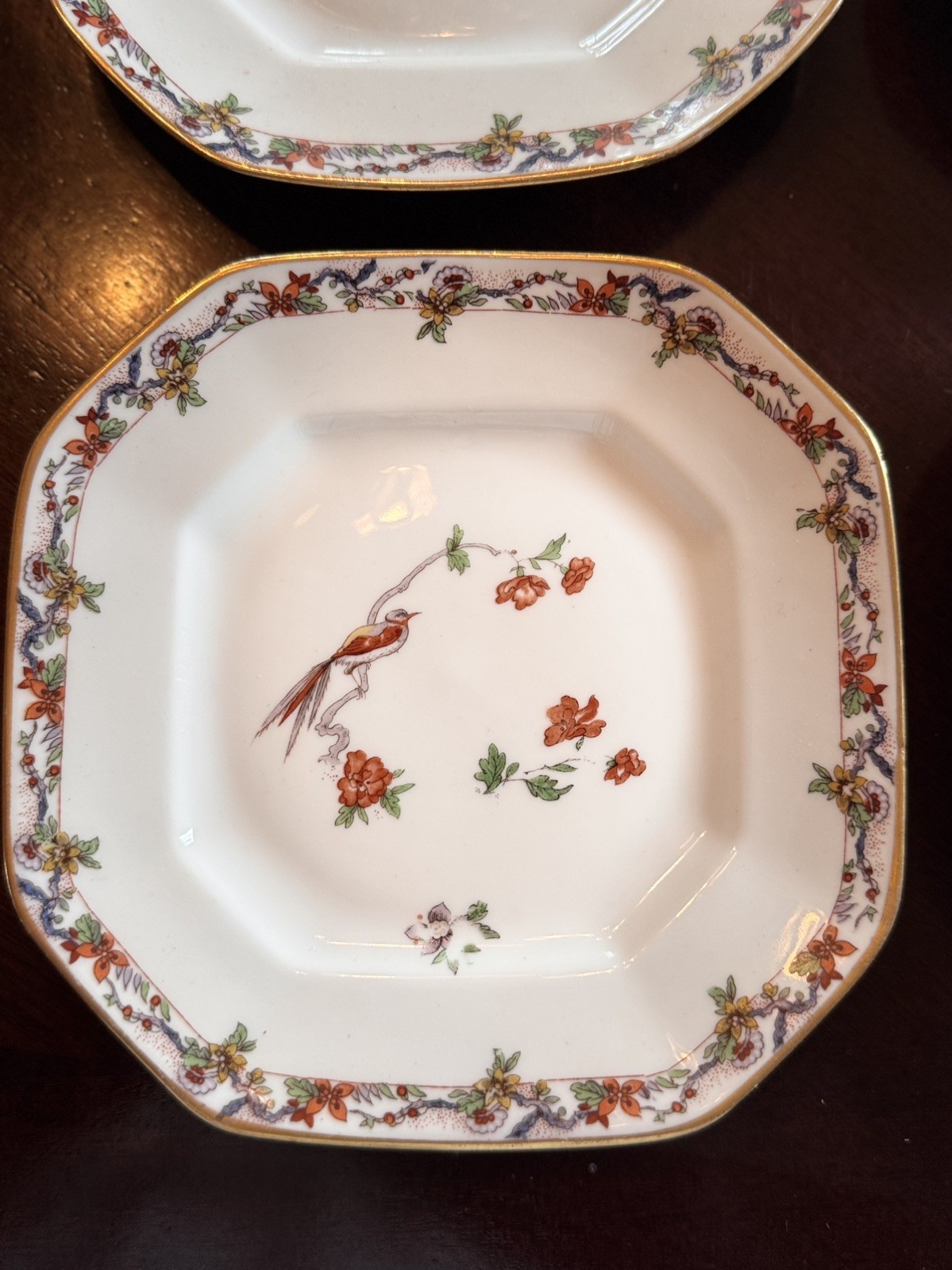 Antique Bernardaud Limoges BIRD of PARADISE Octagonal dessert Gold Gilt FR 6 pcs