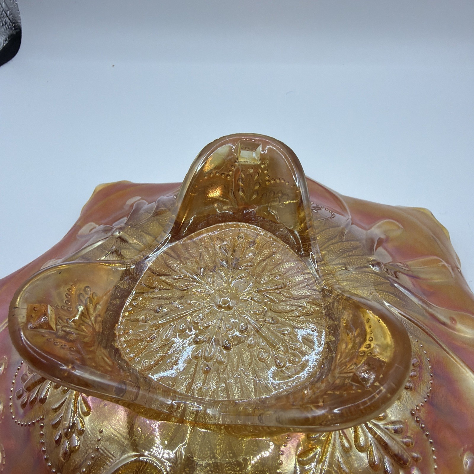 Northwood Pumpkin Marigold Sunflower Spatula Ftd Carnival Glass Bowl 9”