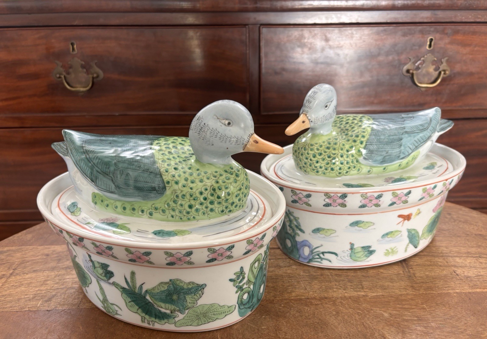Pair Chinese Bok Choy Tobacco Leaf Green Blue Pink Lidded Duck Covered Dishes