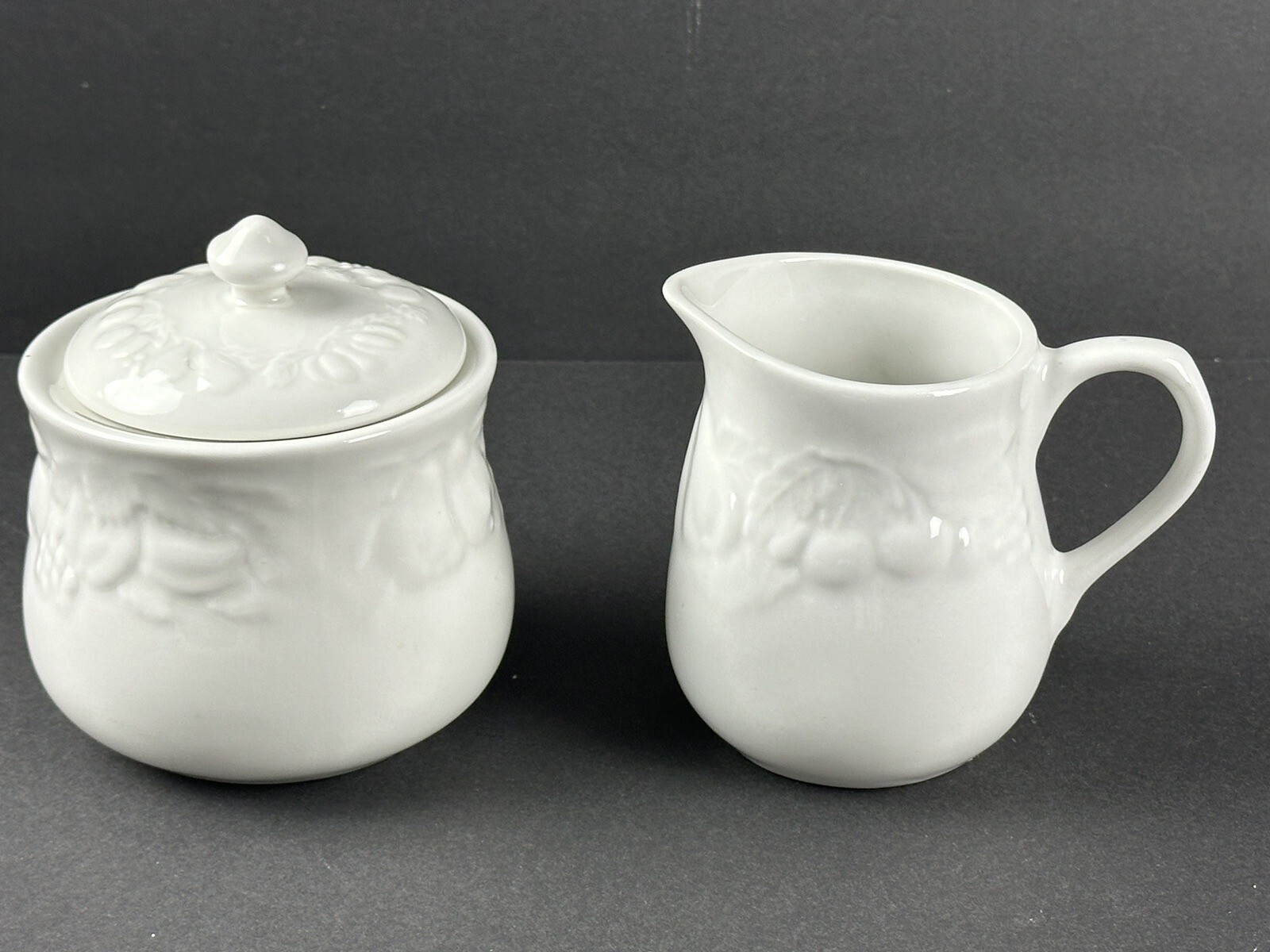 Fruit de Blanc 1995 Tabletops White Sugar Bowl Container Creamer Set Gravy Boat