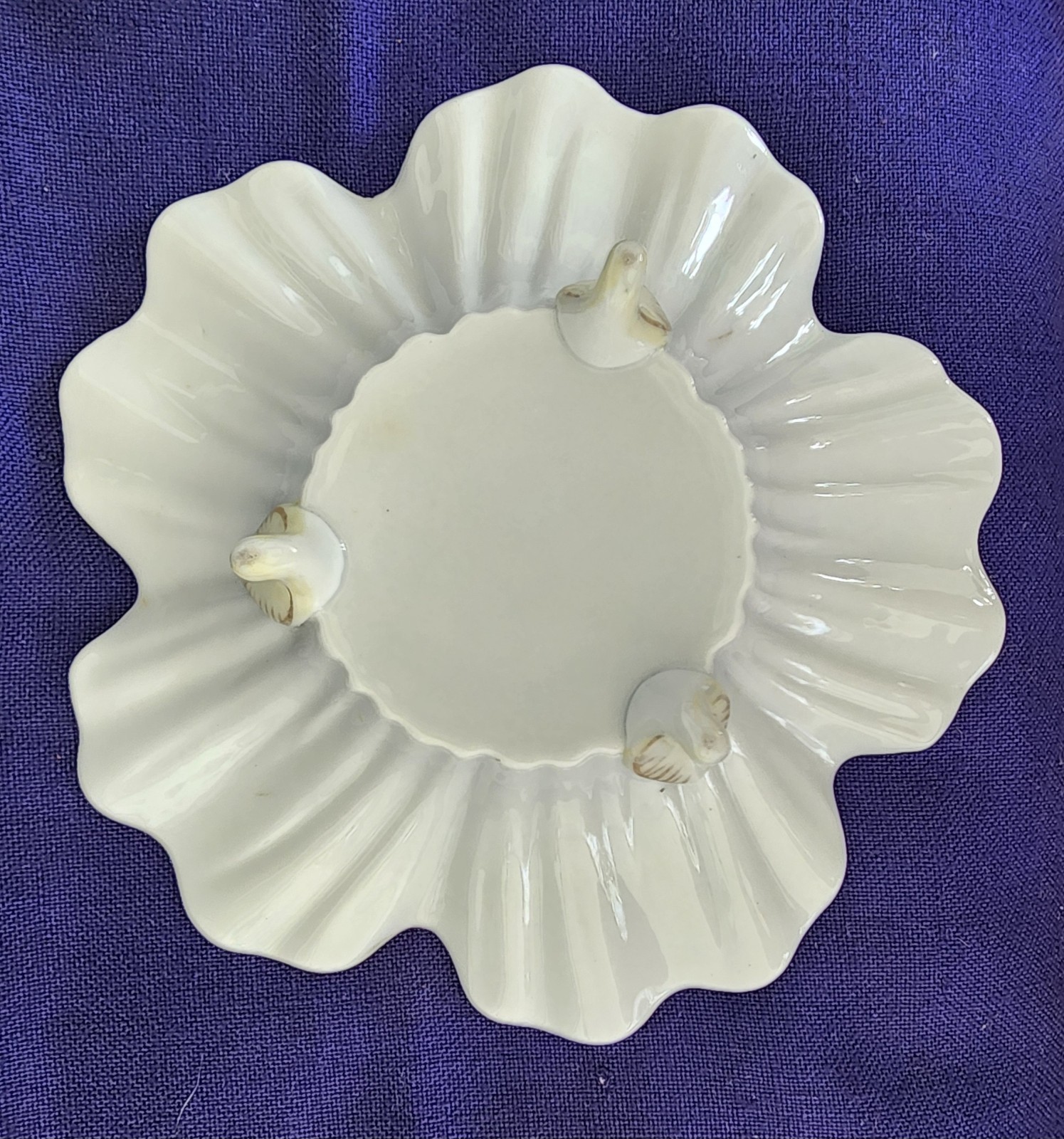 Antique Porcelain Hand Painted Purple & Gilded Floral Ftd Scalloped Bowl 8×2.25