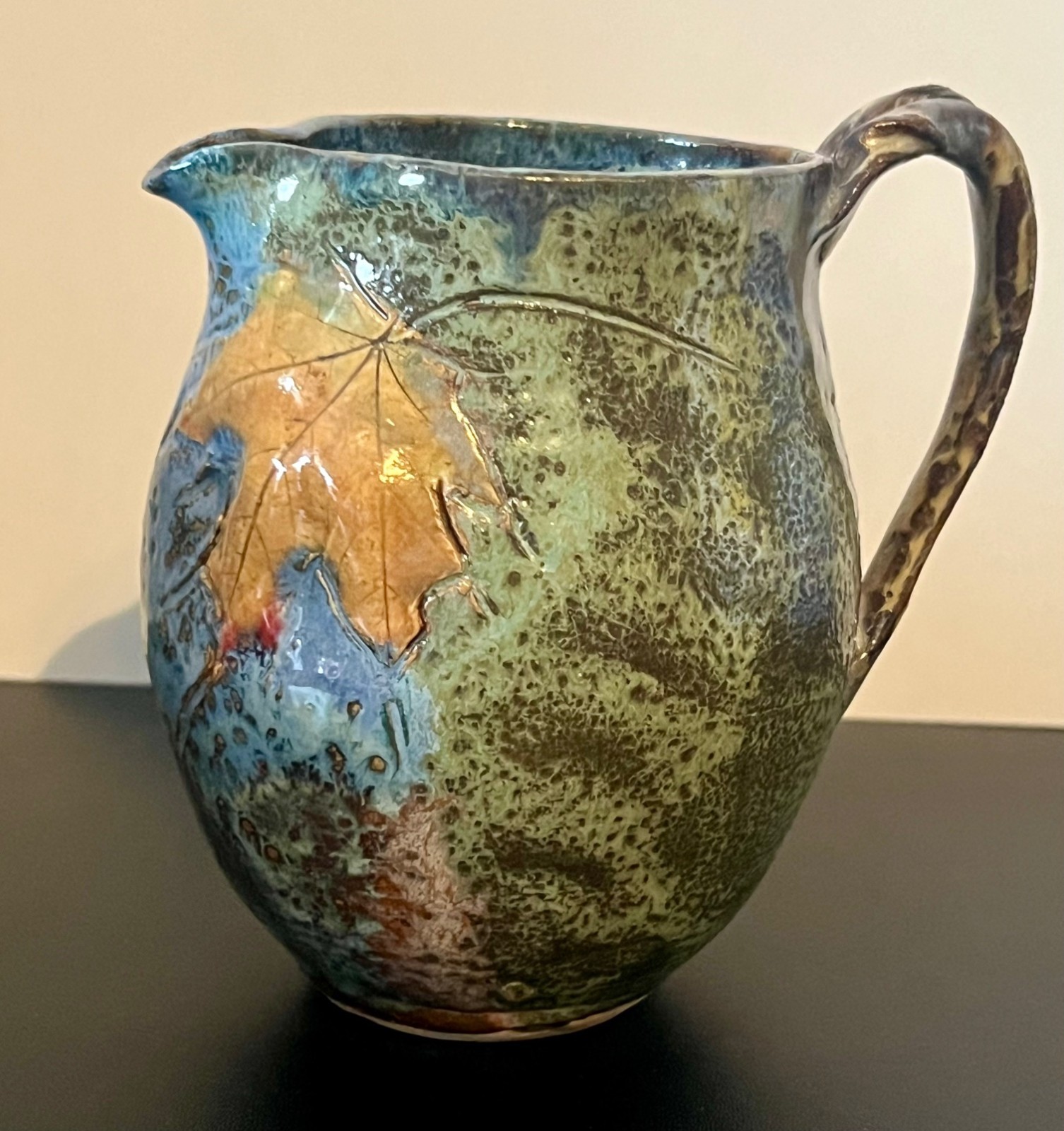 Colorful North Carolina Art Pottery ~ Glazed Leaf Pitcher ~ 5.5″ Tall Signed