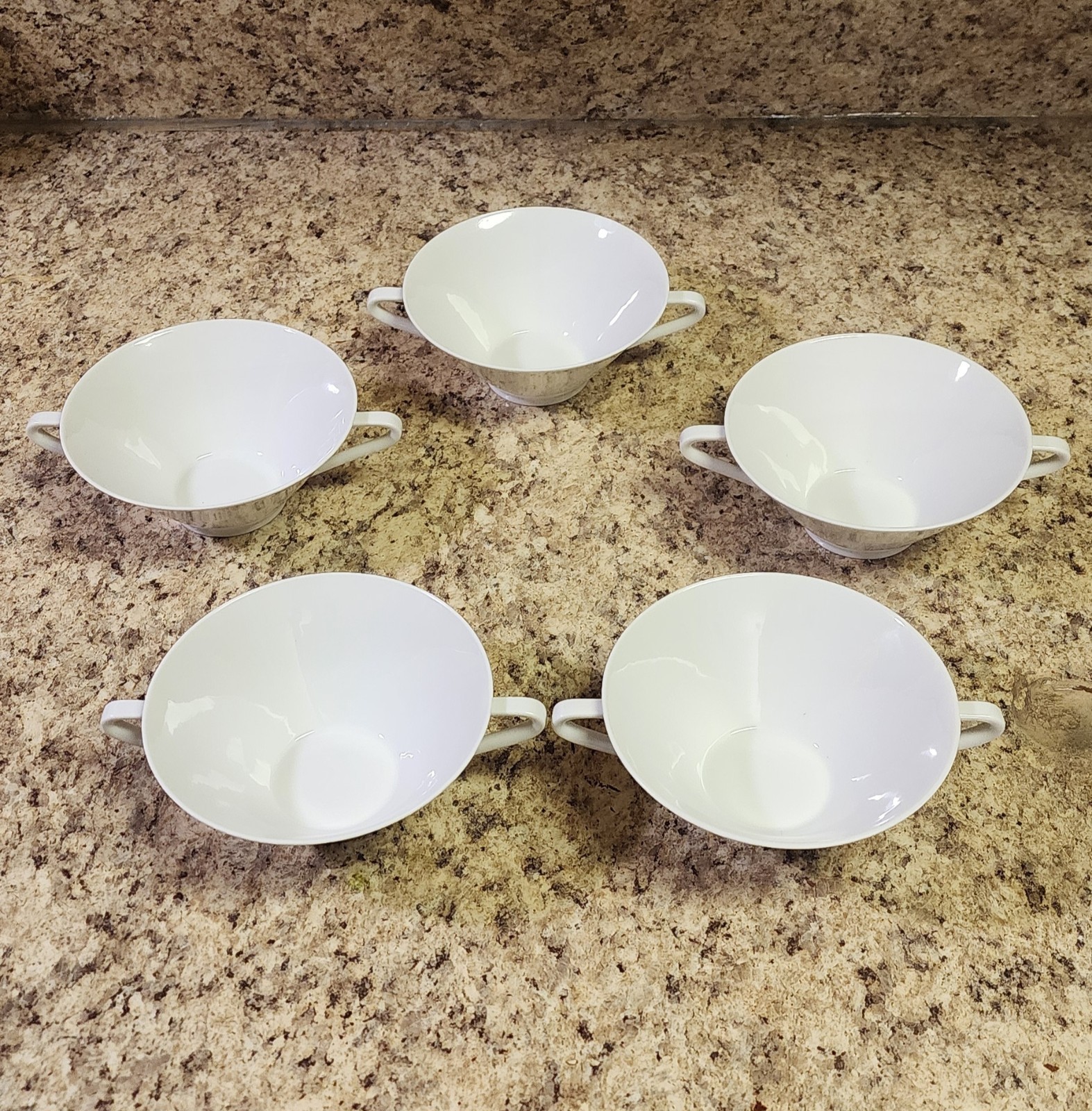 Set of 5 White Ceramic Round Two-Handled Soup Bowls, Glossy Solid, 5 in