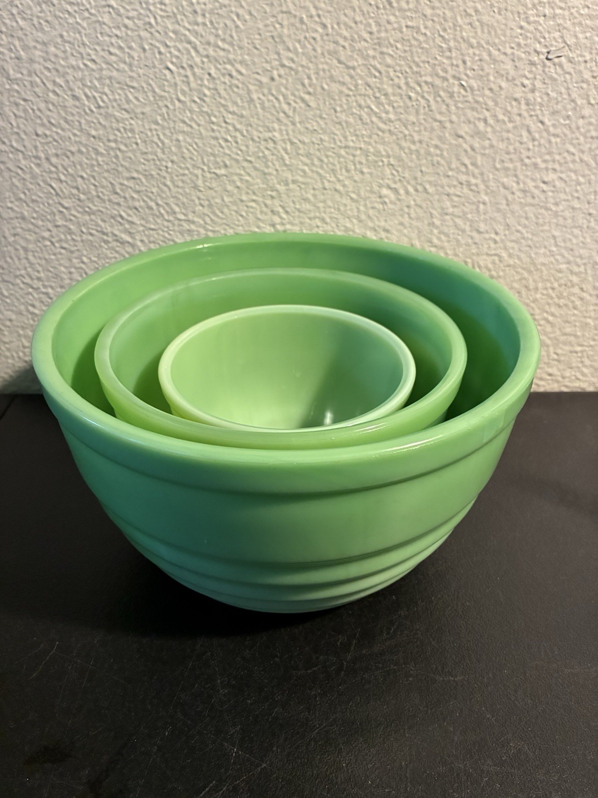 Jeannette Glass Concentric Circle Mixing Bowl Set Jadeite Green 5 7 & 9” Uranium