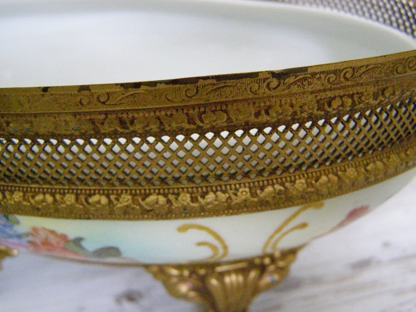 Antique Karlovy Vary Porcelain Serving Dish Gilt metal base bottom stamped #23
