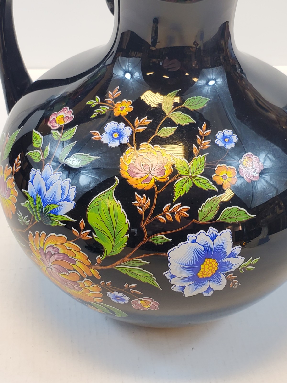Italian Pitcher Home Decor 9.5” Tall Vintage Black Floral By Ardalt