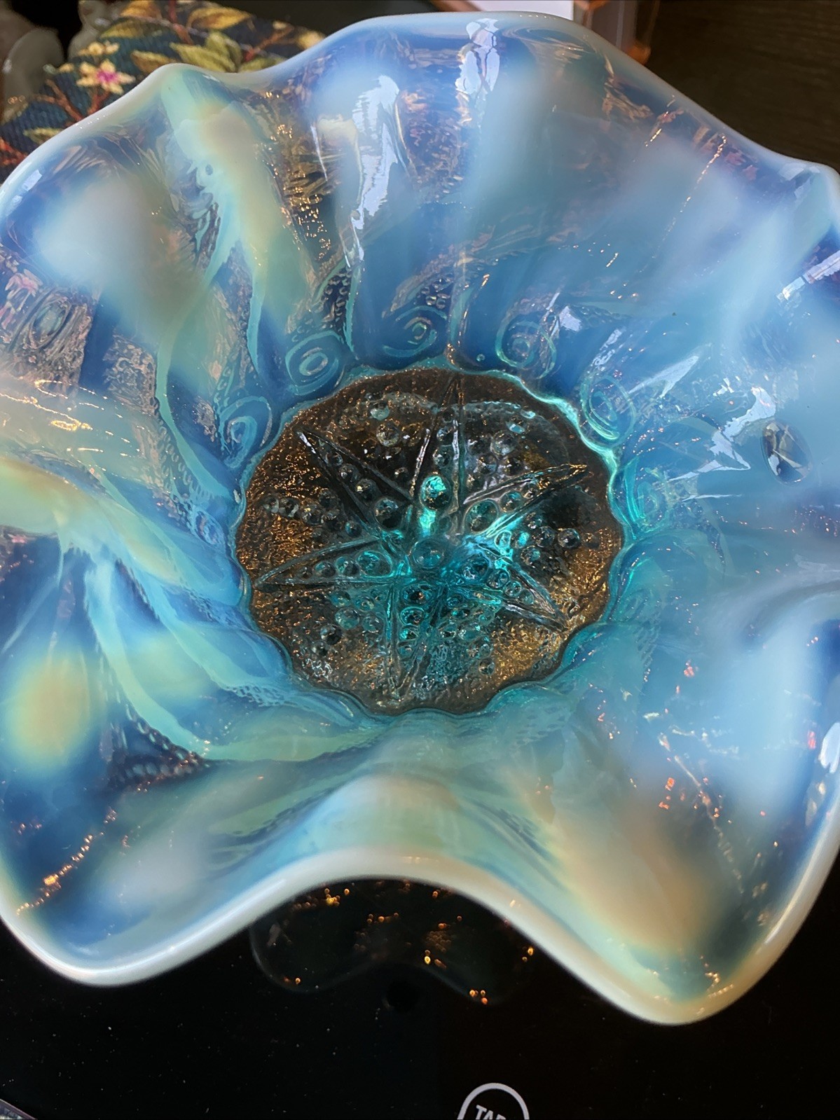 Scarce 5.5” Antique Dugan Blue Opalescent Constellation Glass Compote