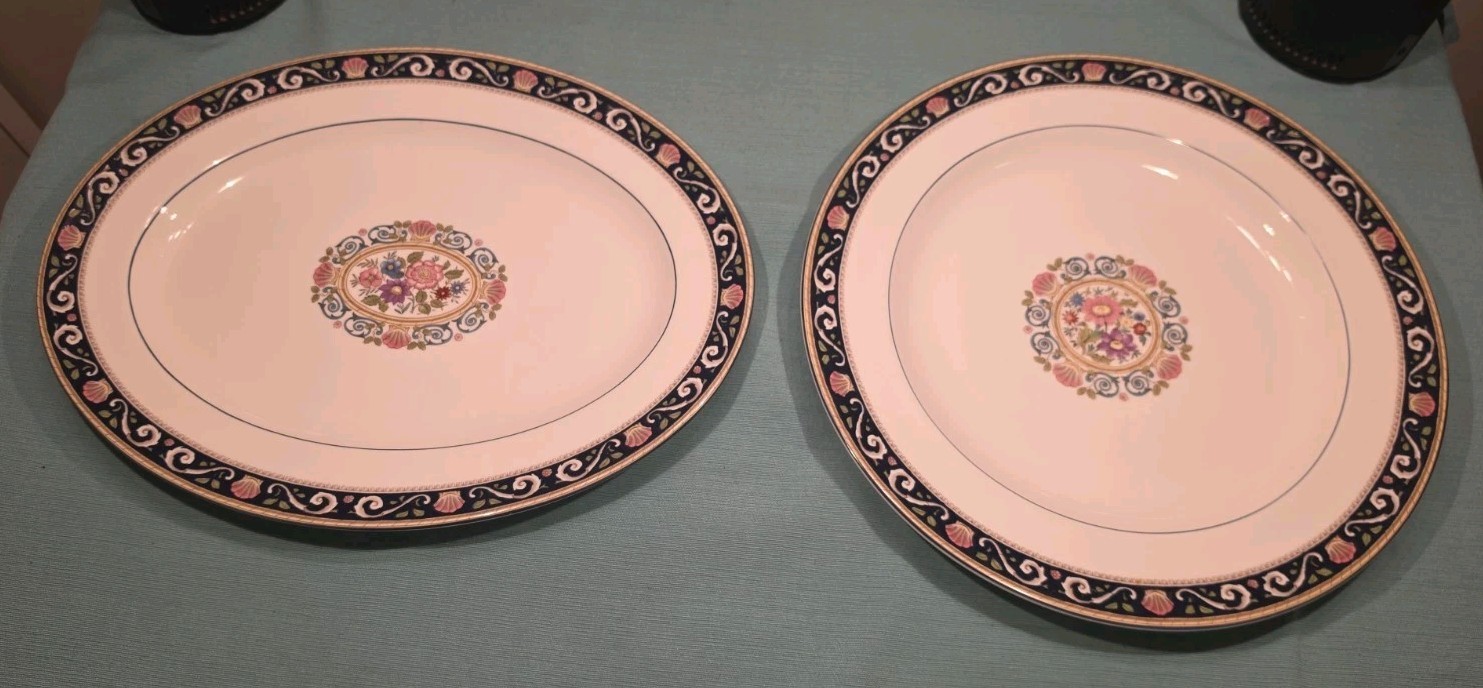 Wedgwood Runneymede Dark Blue #W4472 Oval Serving Platter & Round Serving Dish