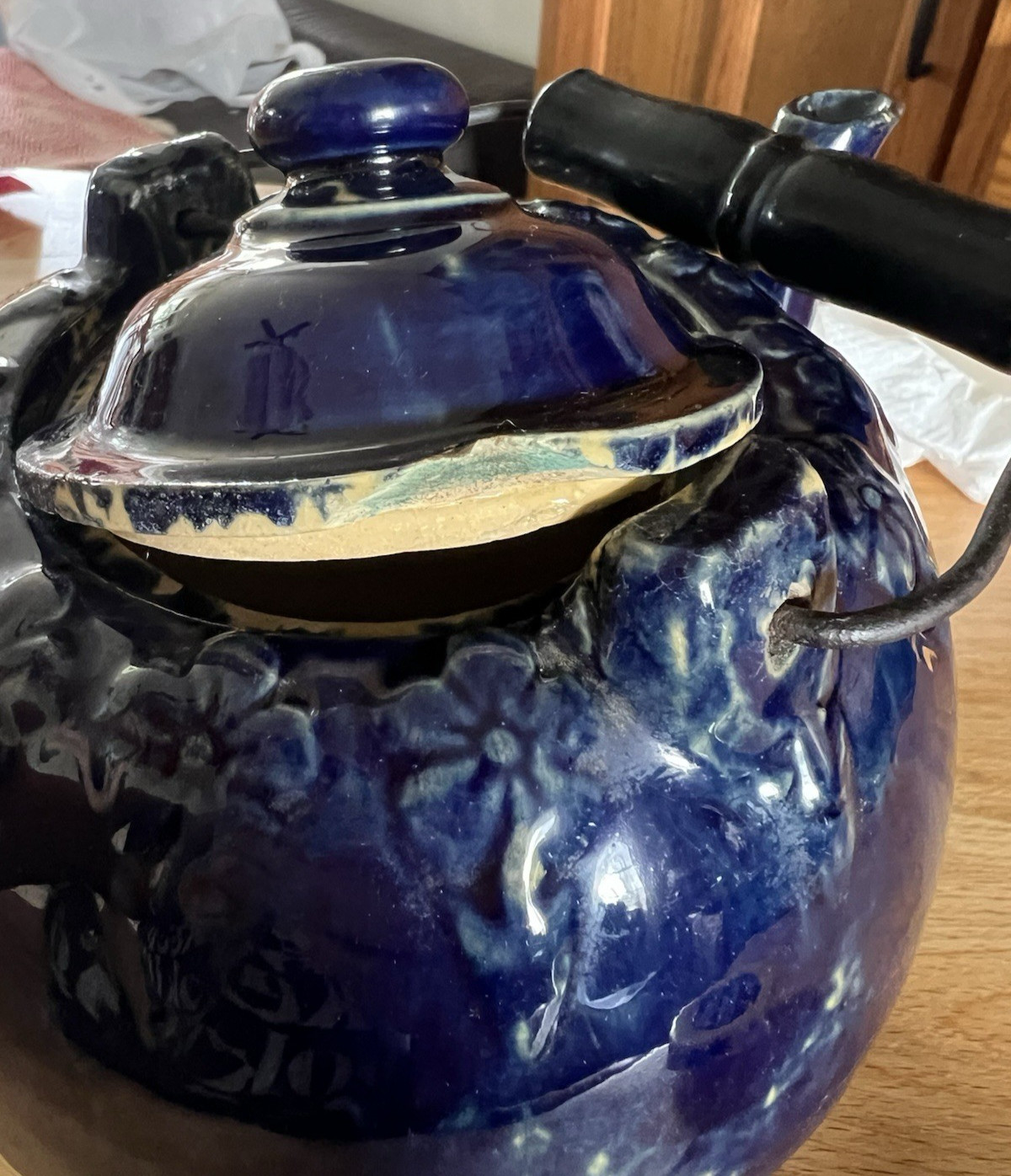 Cobalt Blue Yellow Ware Tea Pot 19th Century American Rare Blue Glaze Circa 1880