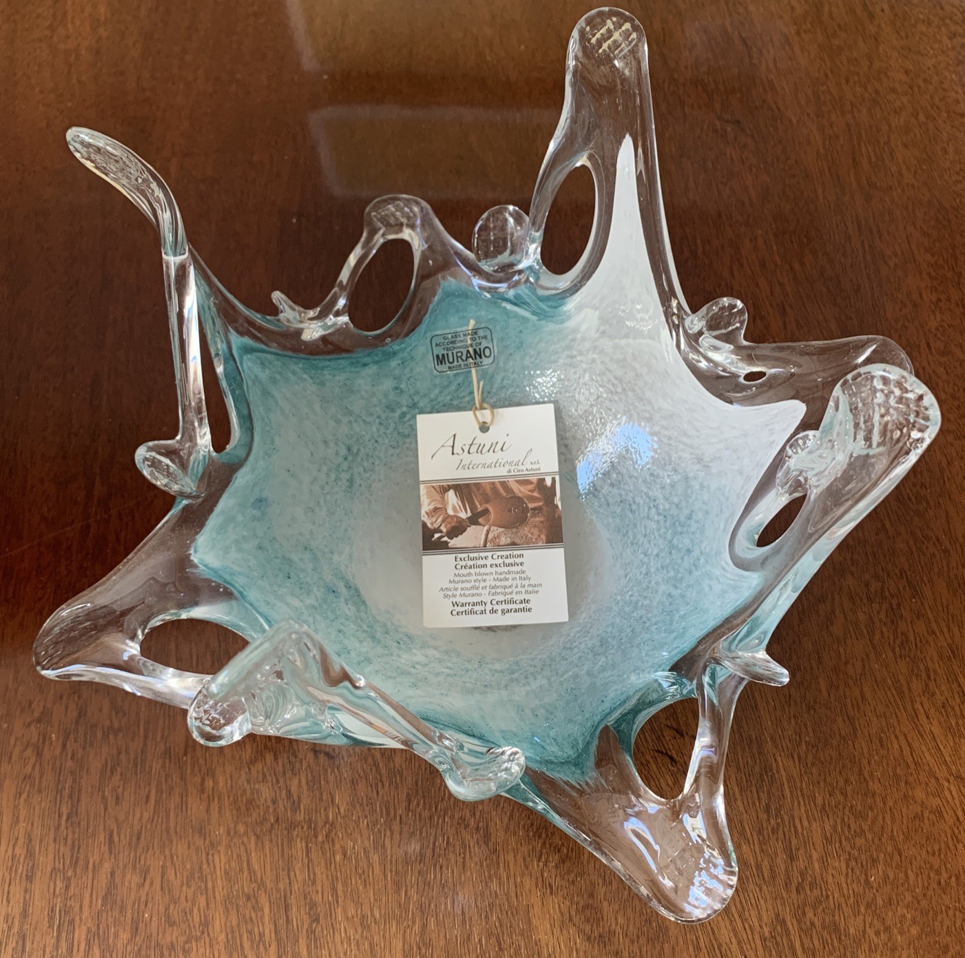 Murano Style Art Glass Mouth Blown Bowl Teal Aqua Blue White Exquisite All Tags